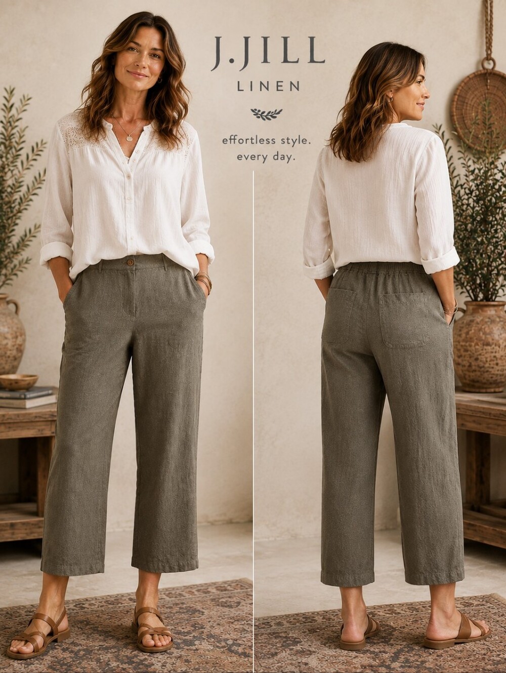 J.Jill Olive Green Linen Blend Cropped Straight Leg Casual Pants Size XS